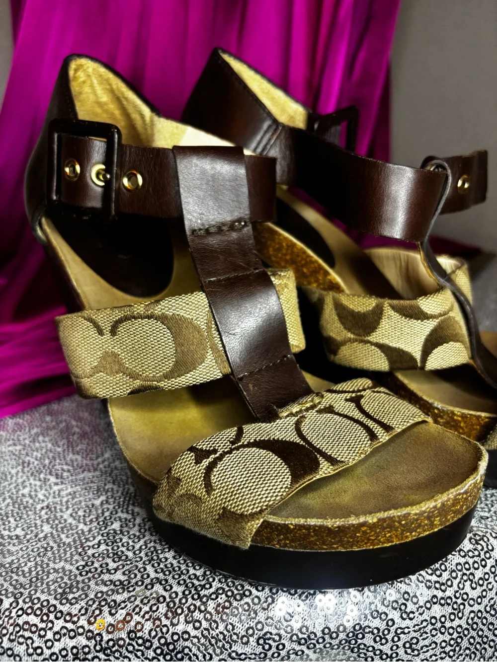 Coach Tan Signature Canvas Wedge Sandals